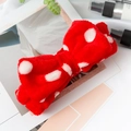 Red plush headband with white polka dots in a bow style for facial cleansing skincare - Red and White Polka Dots