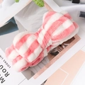 Plush coral fleece bow headband with pink and white stripes for skincare routines - Watermelon Red White Striped