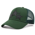 Detail of dark green trucker hat with black star patches and breathable mesh - Adjustable / Green