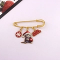 Detailed view of Christmas cat brooch with red snowflake and Merry Christmas tag charms - Cat with Christmas Hat and Red Snowflake Ball