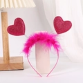 Hot pink heart headband with feathers on a white display stand for party outfits - Rose Red Glitter Heart + Feather