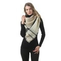 Oversized beige and black plaid cashmere-feel scarf with fringe edges worn as a triangle - D18 Beige Black Plaid