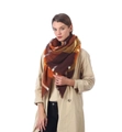 Brown orange plaid cashmere-feel scarf with tassels on beige trench coat - D03 Brown Orange Yellow Plaid