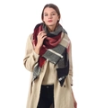 Plaid oversized cashmere-feel scarf with red, grey and black tassels shown on model - D05 Red Grey Black Beige Plaid