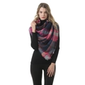 Detail of soft cashmere-like scarf showing pink and blue plaid pattern and fringe trim - A123 Pink Red Blue Grey Plaid