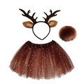 Brown reindeer costume set with antler headband, pompom tail, and star sequin tutu skirt - 3Pcs Spotted Antlers Set (Skirt)