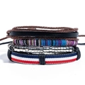 Set de pulseras étnicas hechas a mano multicapa con cuero trenzado y cuentas de madera - Combinación de Cuero Trenzado Bicolor Marrón Oscuro y Negro (N017)