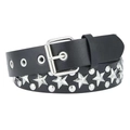 Detail van punk zwarte lederen riem met zilveren ster-noppen en metalen oogjes - Zwart Met Zilveren Sterklinknagels
