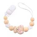 Detail of silicone pacifier clip with beige beads, white hearts, and a pink teddy bear - Beige