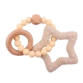 Close-up of silicone star teether with natural wood rings and beads for babies - Light Yellow