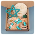 Gift box set with star silicone teether, wooden pacifier chain, and hello world plaque - Christmas Green