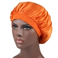 Detail of orange silky satin bonnet with wide elastic band on a mannequin head - One Size / Orange
