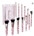 Detail of pink glitter makeup brush set with 10 brushes and matching shiny storage pouch - Pink / 12 Brushes + Storage Bag