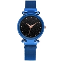 Detail of blue starry sky dial with rhinestone markers and magnetic milanese mesh strap - Blue