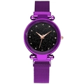 Detail view of purple starry sky watch dial with crystals and mesh magnetic strap - Purple