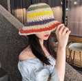 Colorful striped crochet bucket hat featuring multi-colored horizontal wavy patterns - M / Rainbow Crochet-Beige