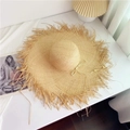 Beige wide brim raffia sun hat with frayed edges and thin strap for beach vacations - M (56-58cm) / Round Top Frayed Edge-Beaded Strap