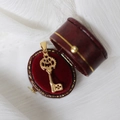 Vintage 18K gold-plated key pendant necklace in a red velvet jewelry box on white fabric - Gold Patterned Key