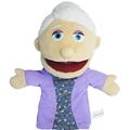 Grandmother plush hand puppet toy in purple jacket with floral lining and white hair - Grandma (Open Mouth)