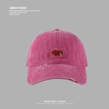 Detailed embroidery of sad heart face on washed rose red distressed baseball cap - Adjustable (56-58cm) / Rose Red