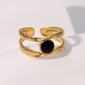 Retro double-layered gold stainless steel ring with black round stone and hammered texture - Black