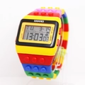 Colorful brick-style digital watch with LED light and rainbow multi-color plastic strap - Yellow Edge Black Yellow B