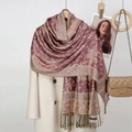 Close-up of paisley pattern scarf with fringe tassels on a beige coat display - 9# Dusty Purple