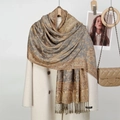 Close-up of gray and gold paisley cashmere scarf with elegant tassels and logo tag - 11# Light Camel Grey