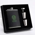 8oz black leather stainless steel hip flask gift set with CCCP emblem and two cups - 8oz Green Base Set 230ml (CCCP)