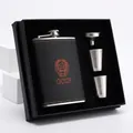 Black leather wrapped 8oz stainless steel hip flask set with funnel and cups in gift box - 8oz Red Leather Set 230ml (CCCP)