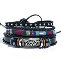 Bohemian multi-layer stackable bracelets with black leather and wood beads set - Vintage Ethnic Collection (N011) / 4 Pieces / N011