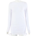 Close-up of white ribbed long sleeve dress featuring adjustable side drawstring and ruched texture - White