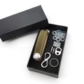 Detailed view of green leather key organizer kit with metal accessories in black gift box - Matte Army Green