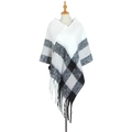 Women's plaid poncho shawl with thick tassels in a classic black, white and grey knit pattern - White (QPJ5-04#)