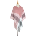 Women's plaid poncho shawl with thick fringes in pink, grey and white checkered pattern - Pink (QPJ5-07#)