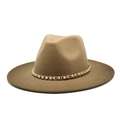 Classic camel wool fedora hat with elegant gold chain and pearl embellishments - M (56-58cm) / Khaki