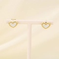 Close-up of golden heart earrings with white shell inlay on a white jewelry T-bar stand - Heart Stud Style / Gold (KE98713-KLX)