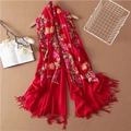 Elegant red wool shawl with hand-embroidered floral patterns and tassel fringe details - 200cm / Embroidered Red
