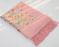 Pink cashmere wool shawl with colorful paisley embroidery and tassels on edges - Pink