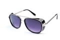 Detalle de puente doble de metal y lentes degradadas moradas en gafas de sol retro - Montura Negra Patillas Plateadas Lentes Negras