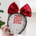 Festive red velvet bow headband for Christmas displayed on a decorative white card - No.8 Shiny Red Bow