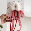 Cerchietto natalizio in peluche bianco con fiocco a quadri rosso e campanellino dorato - No.12 Nastro Bianco Rosso Campanello