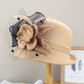 Elegant beige wool felt cloche hat with 3D fabric flower and black polka dot mesh veil - Adjustable / Camel