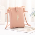 Pink crossbody phone bag for women with delicate leaf embroidery and golden zipper - Leaves Embroidery / Pink