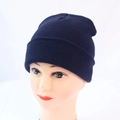 Close-up of navy blue ribbed knit beanie with fold-over cuff on a display head - One Size / Navy Blue