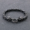 Bracciale da uomo a catena bizantina in acciaio nero con ciondoli a doppio teschio punk - Nero / 19cm