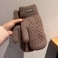 Close-up of brown cable knit mittens for men featuring a classic woven pattern and ribbed cuffs - One Size / Khaki