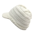 Side view detail of white cable knit peaked ski hat with ear protection for winter warmth - One Size / White