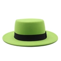 Bright green wool boater hat with flat brim and black ribbon band for men and women - M (56-58cm) / Fluorescent Green