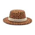 Klassischer Filzhut mit Leopardenmuster, flacher Krempe und dreireihiger Perlenverzierung - M(56-58cm) / Khaki